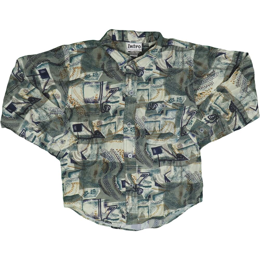 Vintage New Wave Funky Abstract All Over Print Boys Kids NWOT 100% Silk Shirt XL